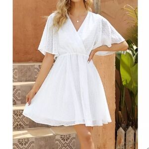 Missky Dress, Size L, White  Swiss Dot, Skater, Flutter Sleeve